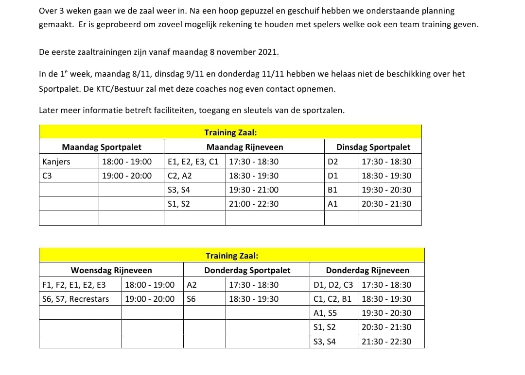 Trainingsschema zaal